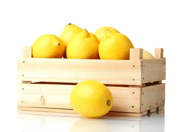 Ripe lemon in wooden box isolated on white — Stock Photo, Image