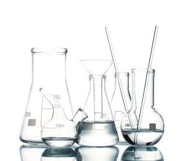 Different laboratory glassware with water and empty with reflection isolated on white clipart