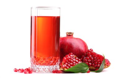 Ripe pomergranate and glass of juice isolated on white clipart