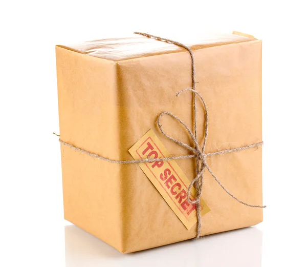 Parcel with top secret stamp isolated on white — Stock Photo, Image