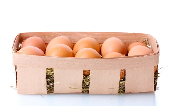 Коричневі яйця в коробці ізольовані на білому — стокове фото