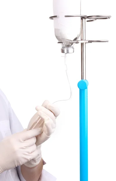 Nurse doing infusion isolated on white — Stock Photo, Image