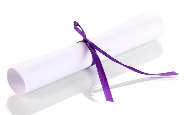 Diploma de graduação amarrado com fita isolada em branco — Fotografia de Stock