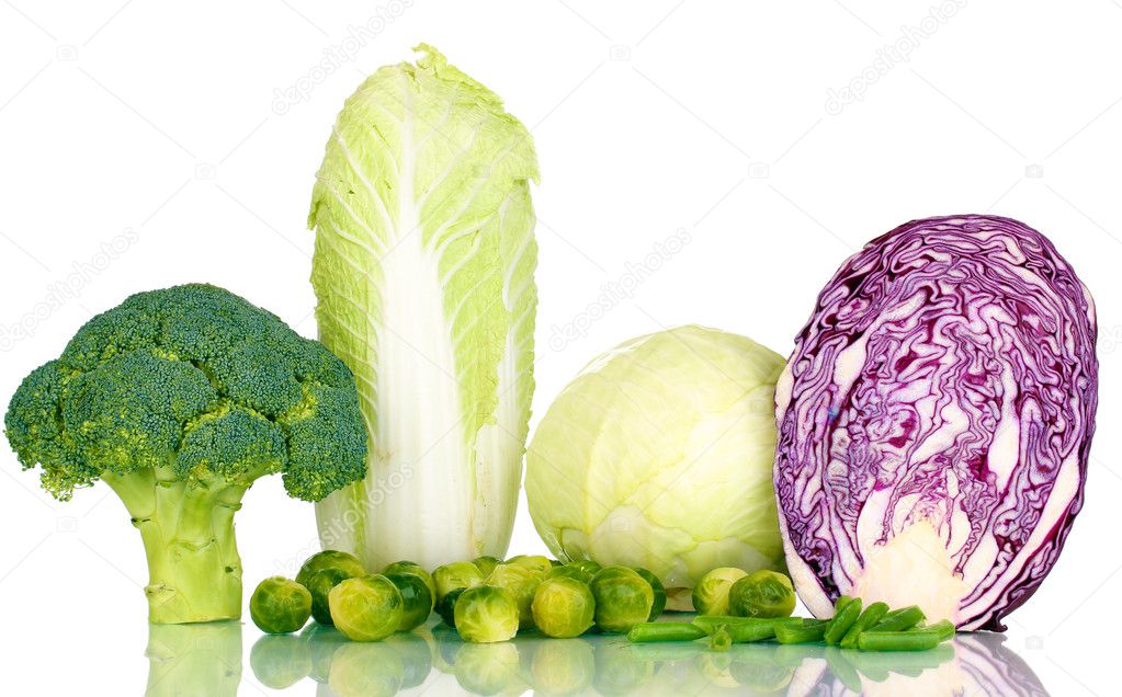 Fresh cabbages and broccoli isolated on white