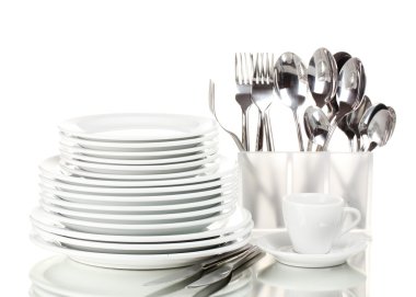 Clean plates and cutlery isolated on white clipart