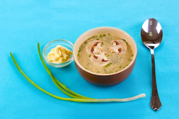 Välsmakande soppa på blå duk — Stockfoto