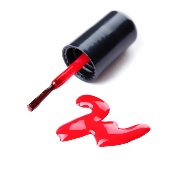 Rode nagellak en borstel geïsoleerd op wit — Stockfoto