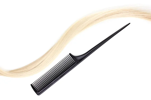 Shiny blond hair and comb isolated on white — Stock Photo, Image