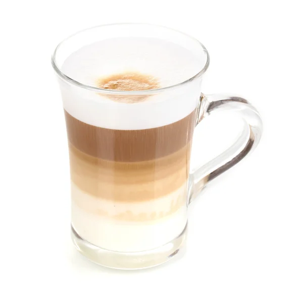 Pachnące? appuccino latte w szklany kubek na białym tle — Zdjęcie stockowe