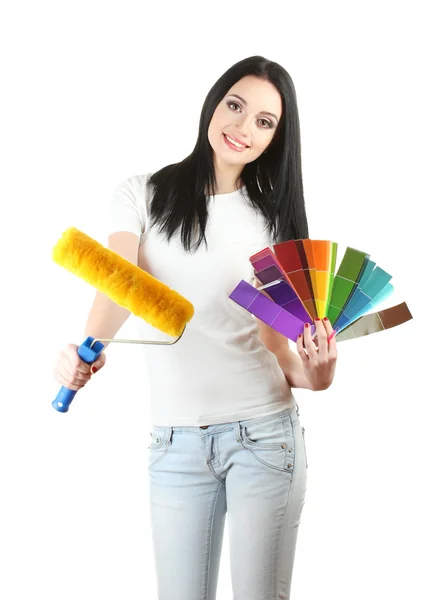 Beautiful young woman decorator isolated on white — Stock Photo, Image