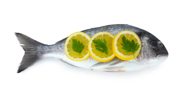Verse vis met citroen en peterselie geïsoleerd op wit — Stockfoto