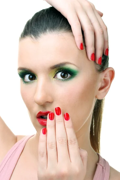 Portrait of sexy young woman with glamour make up and red manicure — Stock Photo, Image