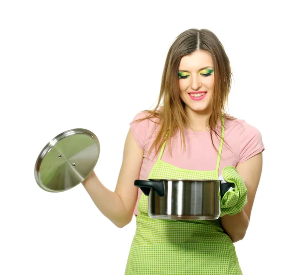 Beautiful young housewife with a pan isolated on white — Stock Photo, Image