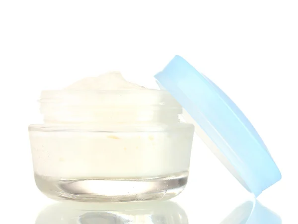 Opened glass jar of cream isolated on white — Stock Photo, Image