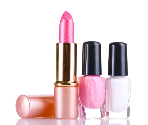 Różowa szminka i lakier do paznokci na białym tle — Zdjęcie stockowe