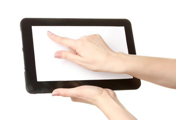 Vrouw handen met een tablet geïsoleerd op wit — Stockfoto