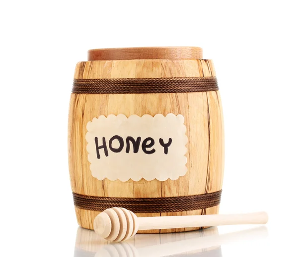 Miel dulce en barril con rociador aislado sobre blanco —  Fotos de Stock