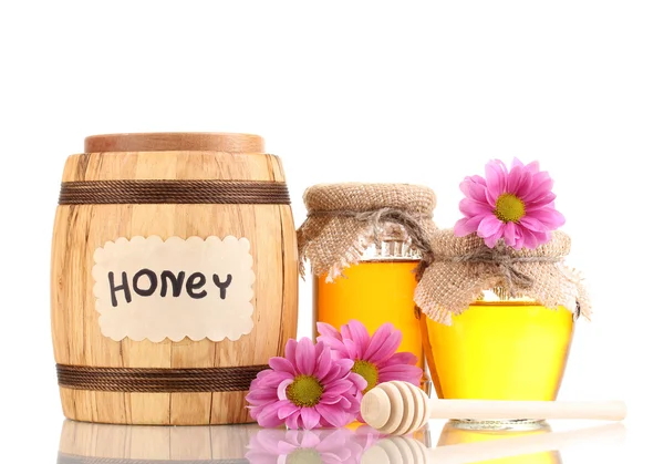 Édes méz hordó és elszigetelt fehér drizzler üvegek — Stock Fotó