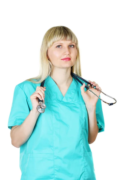 Ung vacker läkare med stetoskop isolerad på vit — Stockfoto