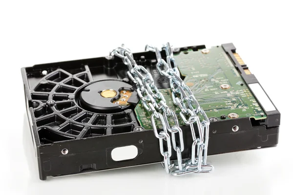 Hard disk drive on chain isolated on white — Stock Photo, Image