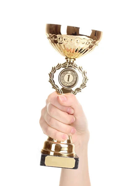 Trophy cup in hand isolated on white — Stock Photo, Image
