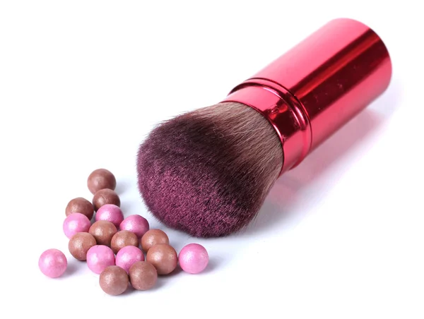 Red brush for make-up with powder balls isolated on white — Stock Photo, Image