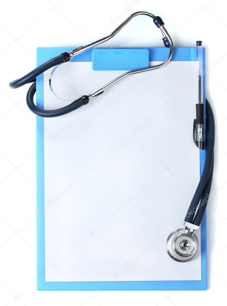 Stethoscope and blue clipboard isolated on white