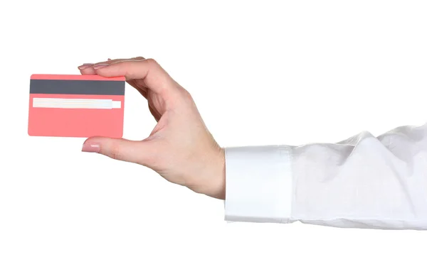 Mano de mujer con tarjeta de crédito aislada en blanco — Foto de Stock