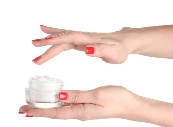 Mani femminili con manicure crema isolata su bianco — Foto Stock