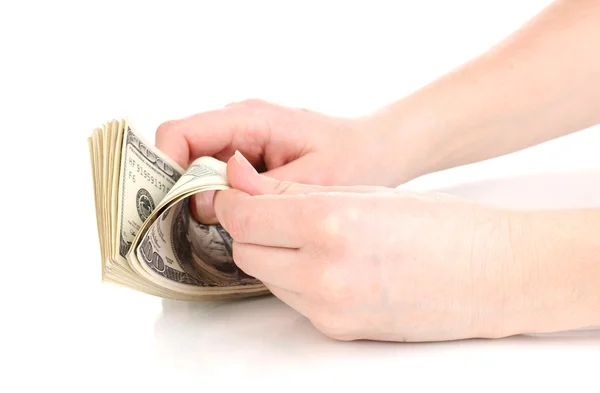 Billetes de dólar en manos aisladas en blanco — Foto de Stock