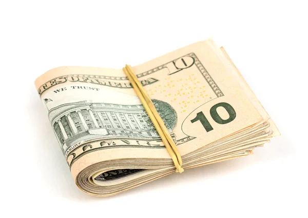 Lastik üzerinde beyaz izole bant ile bağlı dolarlık banknotlar — Stok fotoğraf