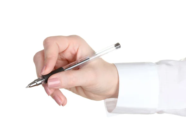 Vrouw hand met pen geïsoleerd op wit — Stockfoto