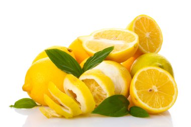 Ripe lemons with leaves isolated on white clipart