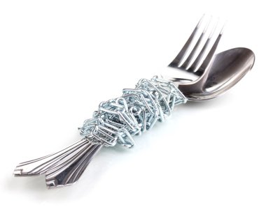 Fork and spoon with chain isolated on white clipart
