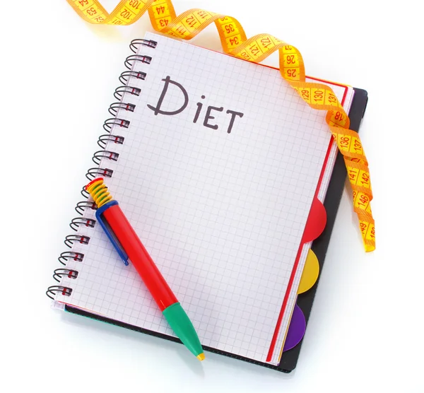 Planificación de la dieta. Cinta métrica portátil y lápiz aislados en blanco —  Fotos de Stock
