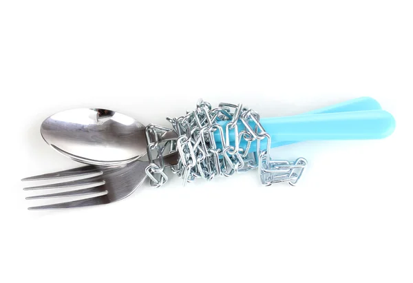 Tenedor y cuchara con cadena aislada en blanco — Foto de Stock