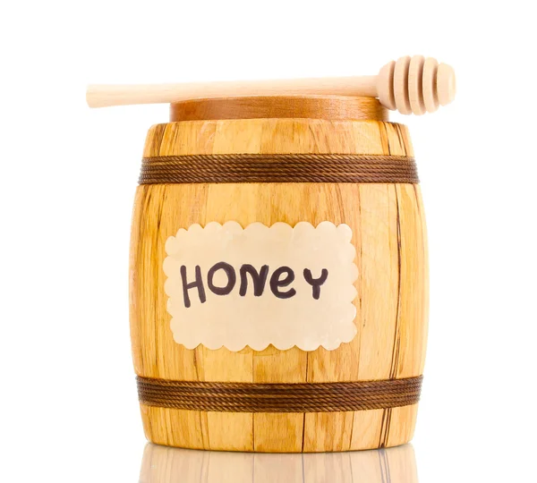Miel dulce en barril con rociador aislado sobre blanco — Foto de Stock