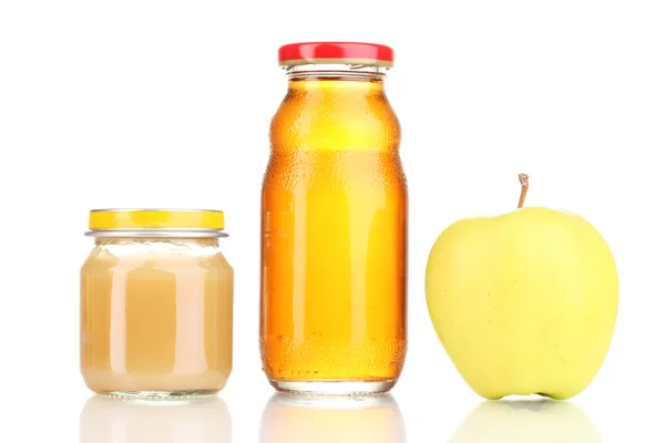 Jar of baby puree and juice with apple isolated on white — Stock Photo, Image