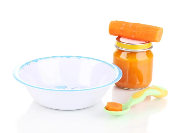 Vasetto di purea di bambino con piastra e cucchiaio isolato su bianco — Foto Stock
