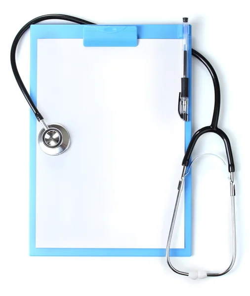 Stethoskop und blaues Klemmbrett isoliert auf weiß — Stockfoto