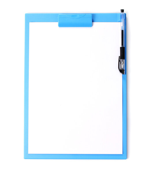 Clipboard with blank paper and pen isolated on white