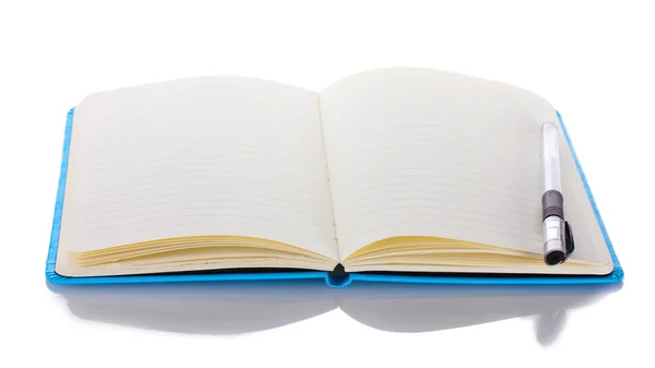Gyönyörű notebook és a toll elszigetelt fehér — Stock Fotó