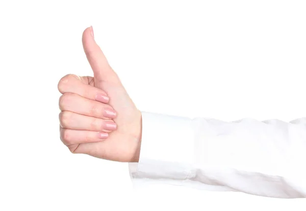 Жінка рука з великим пальцем вгору ОК сигнал ізольовані на білому — стокове фото