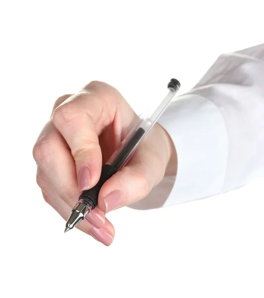 Mulher mão com caneta isolada no branco — Fotografia de Stock