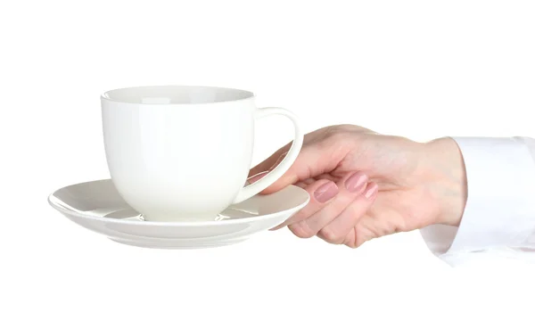 Женщина рука с чашкой кофе изолированы на белом — стоковое фото