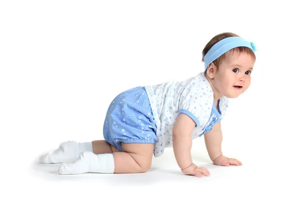 Cute baby girl crawling isolated on white — Stock Photo, Image