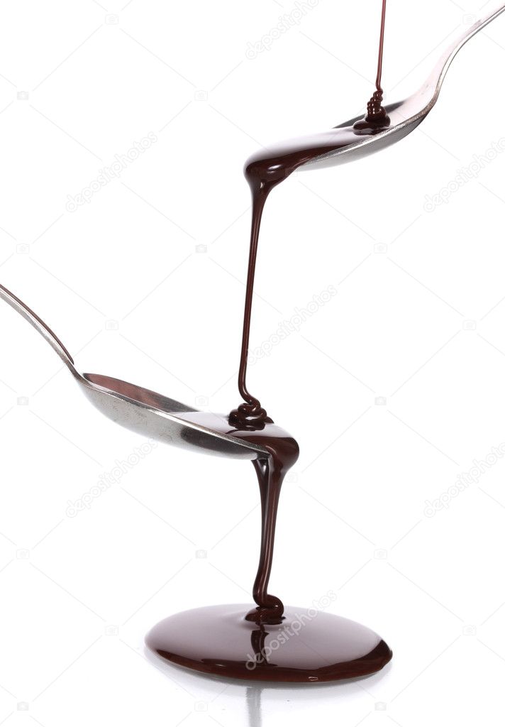 Chocolate poured into a spoon and from it to another spoon isolated on white