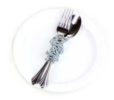Fork and spoon with chain on plate isolated on white clipart