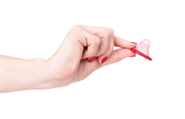 Rękę trzymając prezerwatywę na białym tle — Zdjęcie stockowe