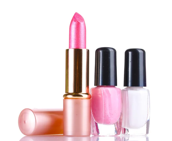 Pink lipstick and nail polish isolated on white — Stock Photo, Image